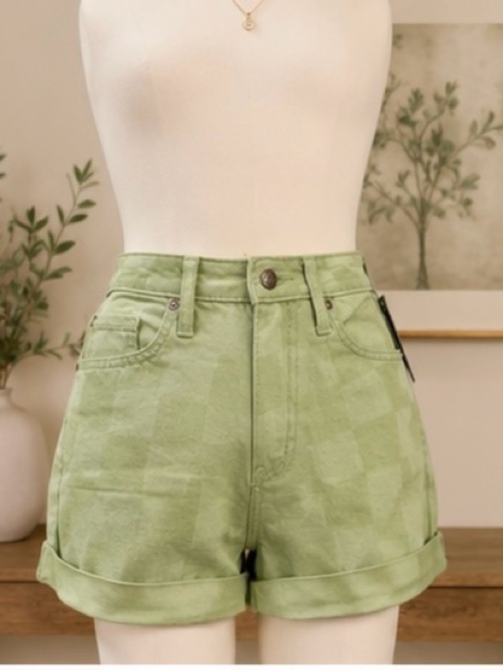 Wild Fable NWT Highest Rise Mom Shorts Green Tonal Check Cuffed Size 4/27